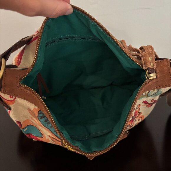 Lucky Brand Flowers and Butterfly Patterned Canvas Brown Suede Shoulder Bag - Picture 12 of 13